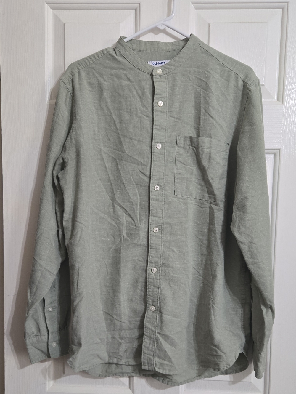 Old Navy Men's Linen Blend Light Sage Green Band-Collar Button-Down Shirt